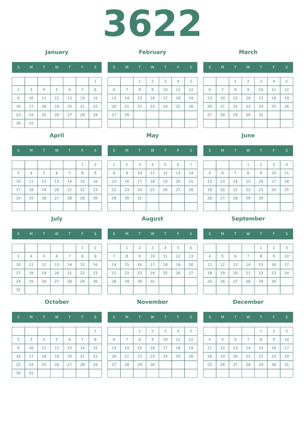 Printable 3622 Year Calendars viridian