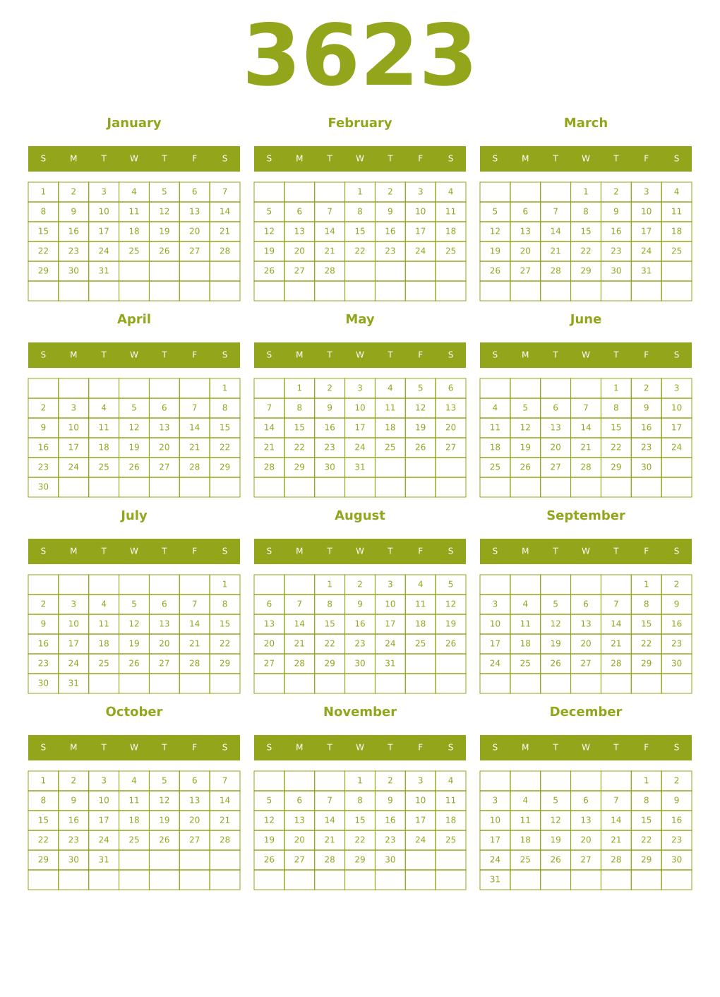 Printable 3623 Year Calendars chartreuse