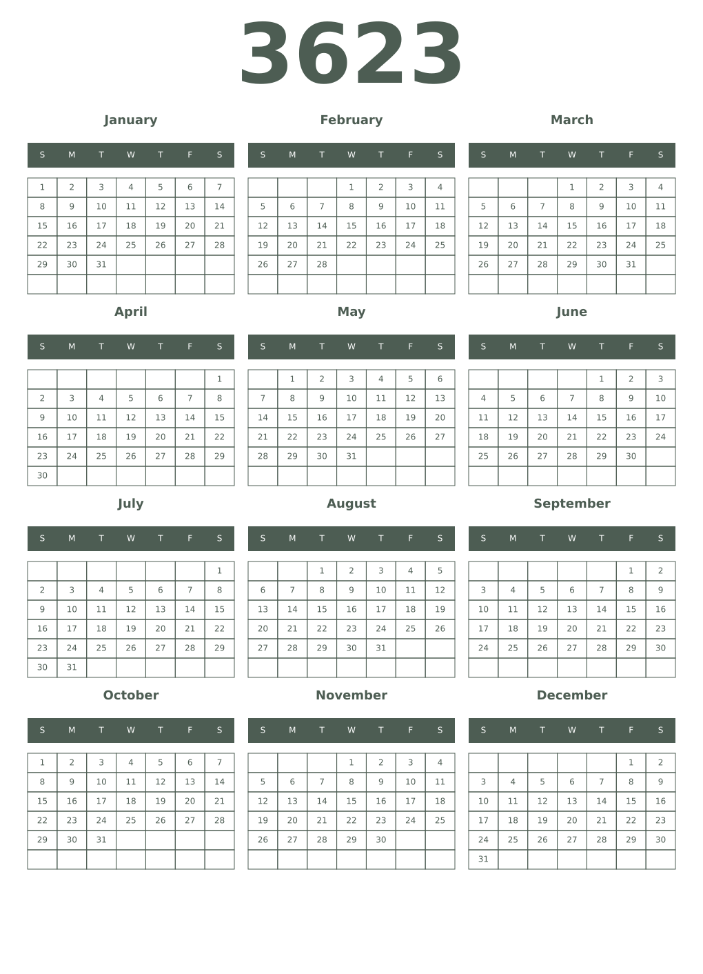 Printable 3623 Year Calendars feldgrau