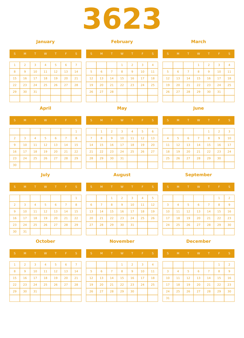 Printable 3623 Year Calendars gamboge