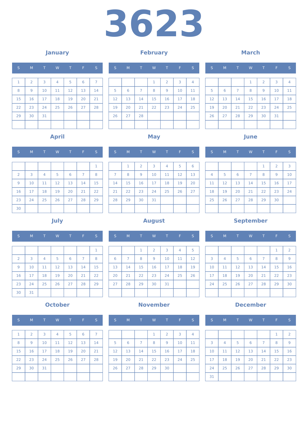 Printable 3623 Year Calendars glaucous
