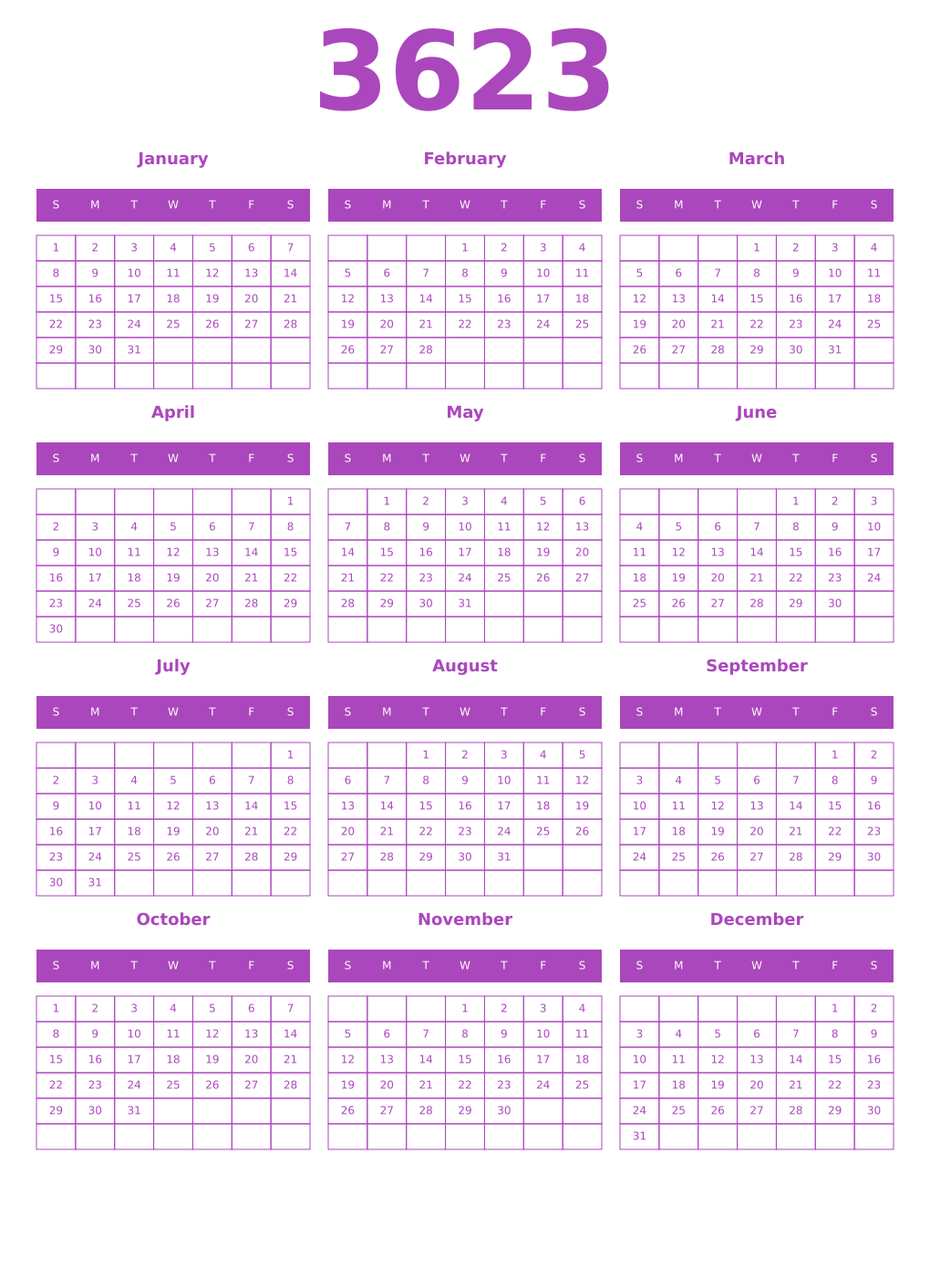 Printable 3623 Year Calendars purple