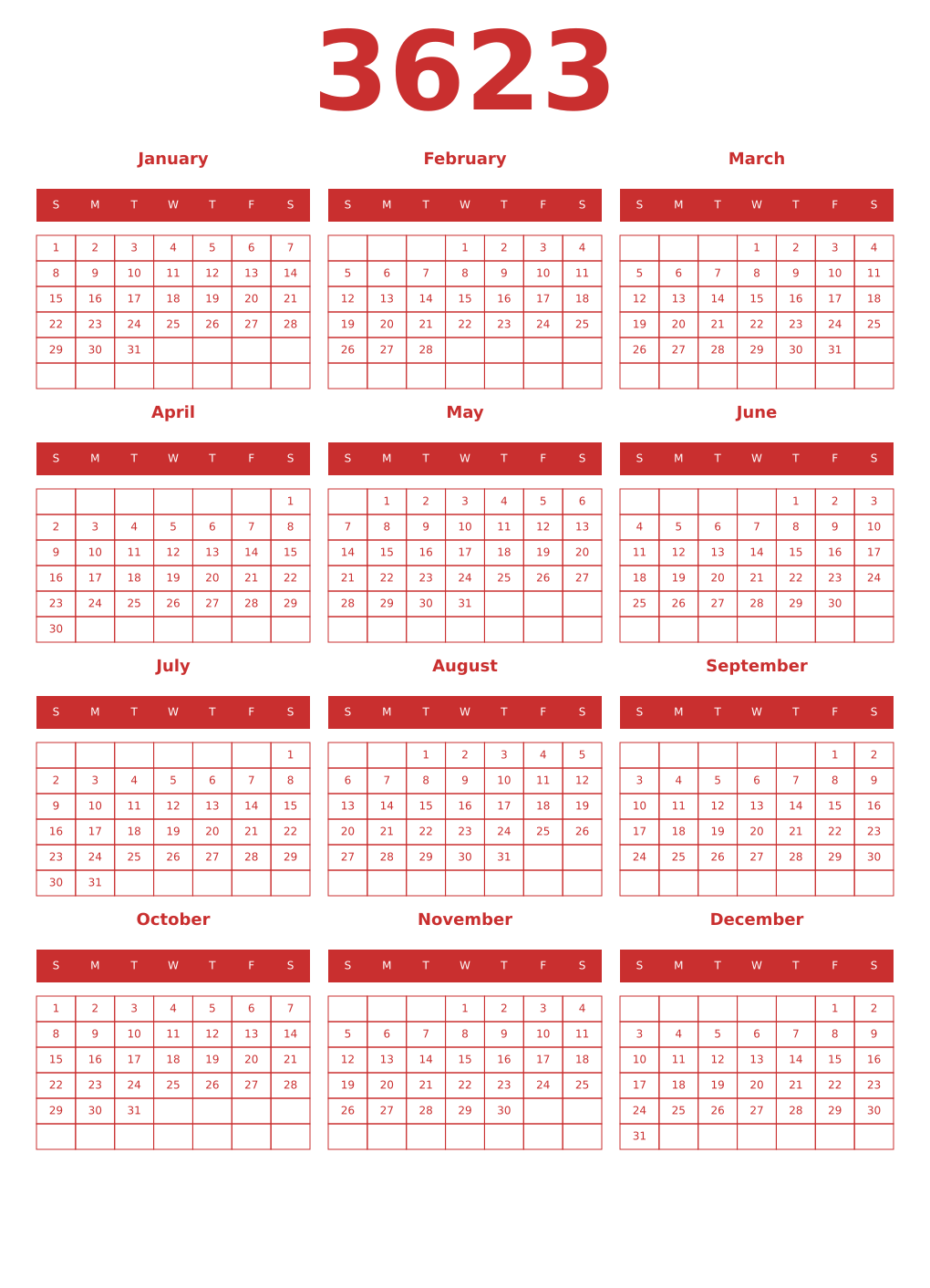 Printable 3623 Year Calendars red