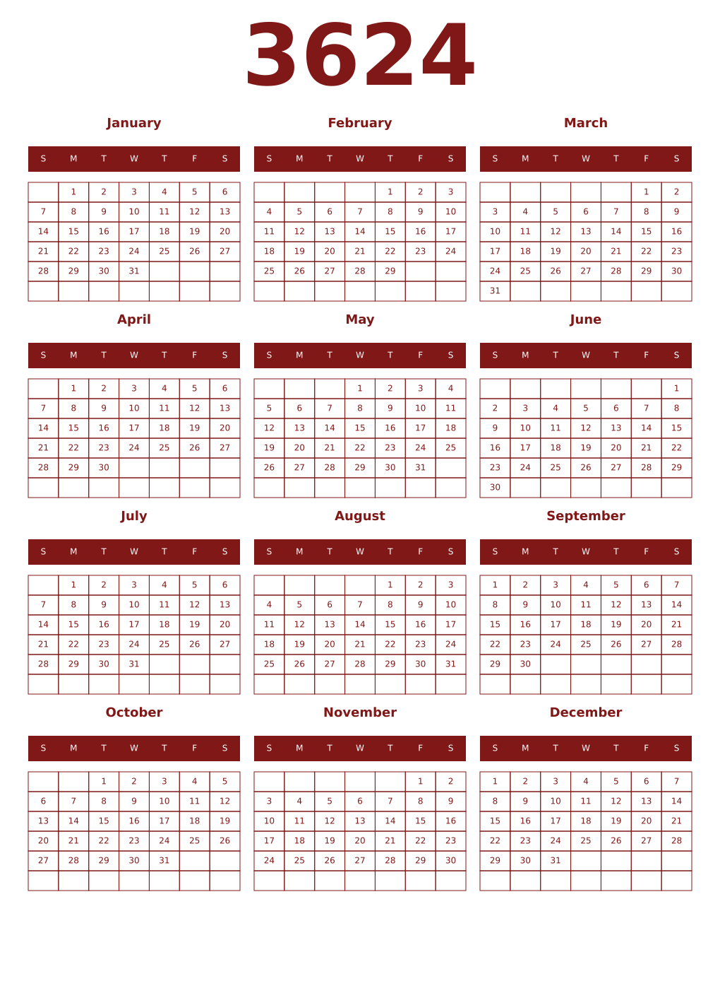 Printable 3624 Year Calendars falu