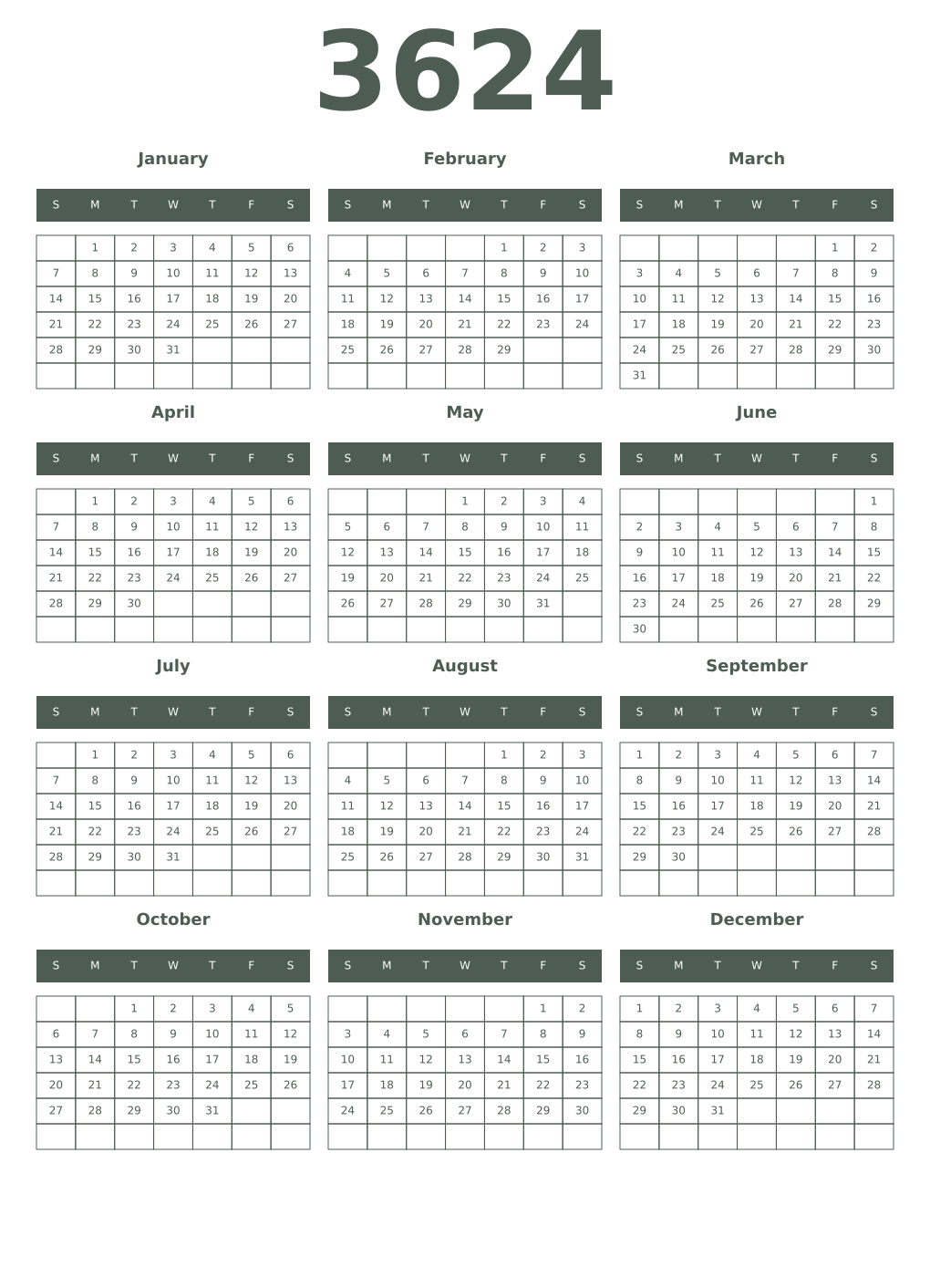 Printable 3624 Year Calendars feldgrau