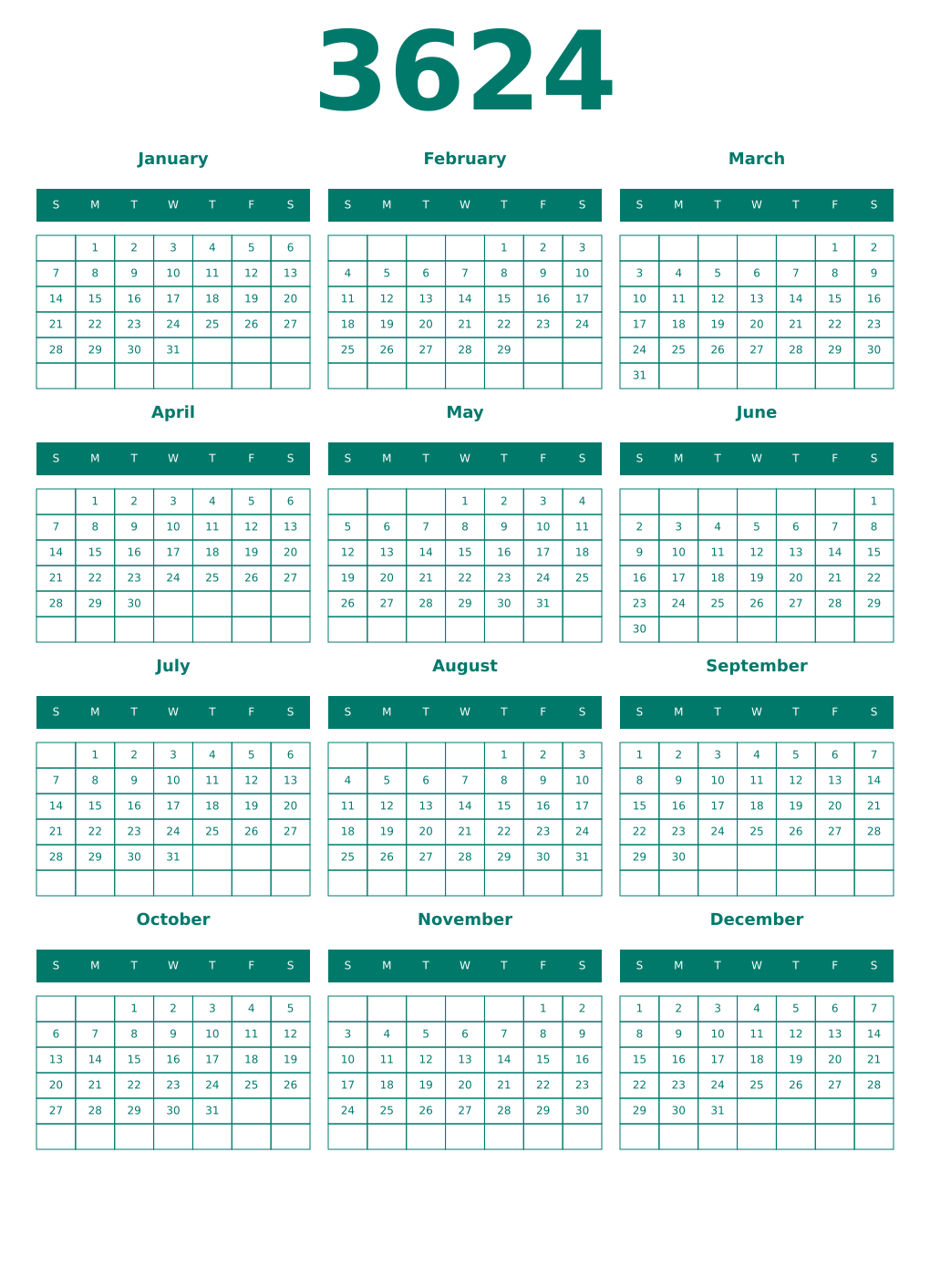 Printable 3624 Year Calendars pastel