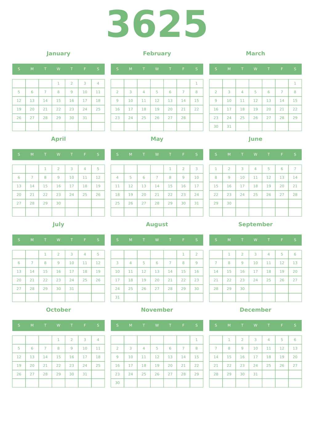 Printable 3625 Year Calendars celadon