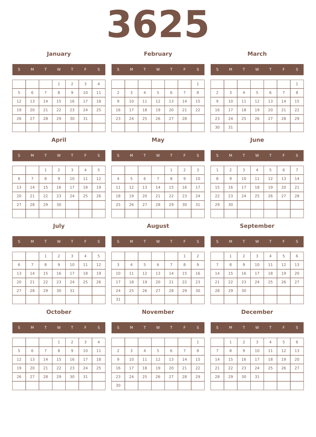 Printable 3625 Year Calendars coffe