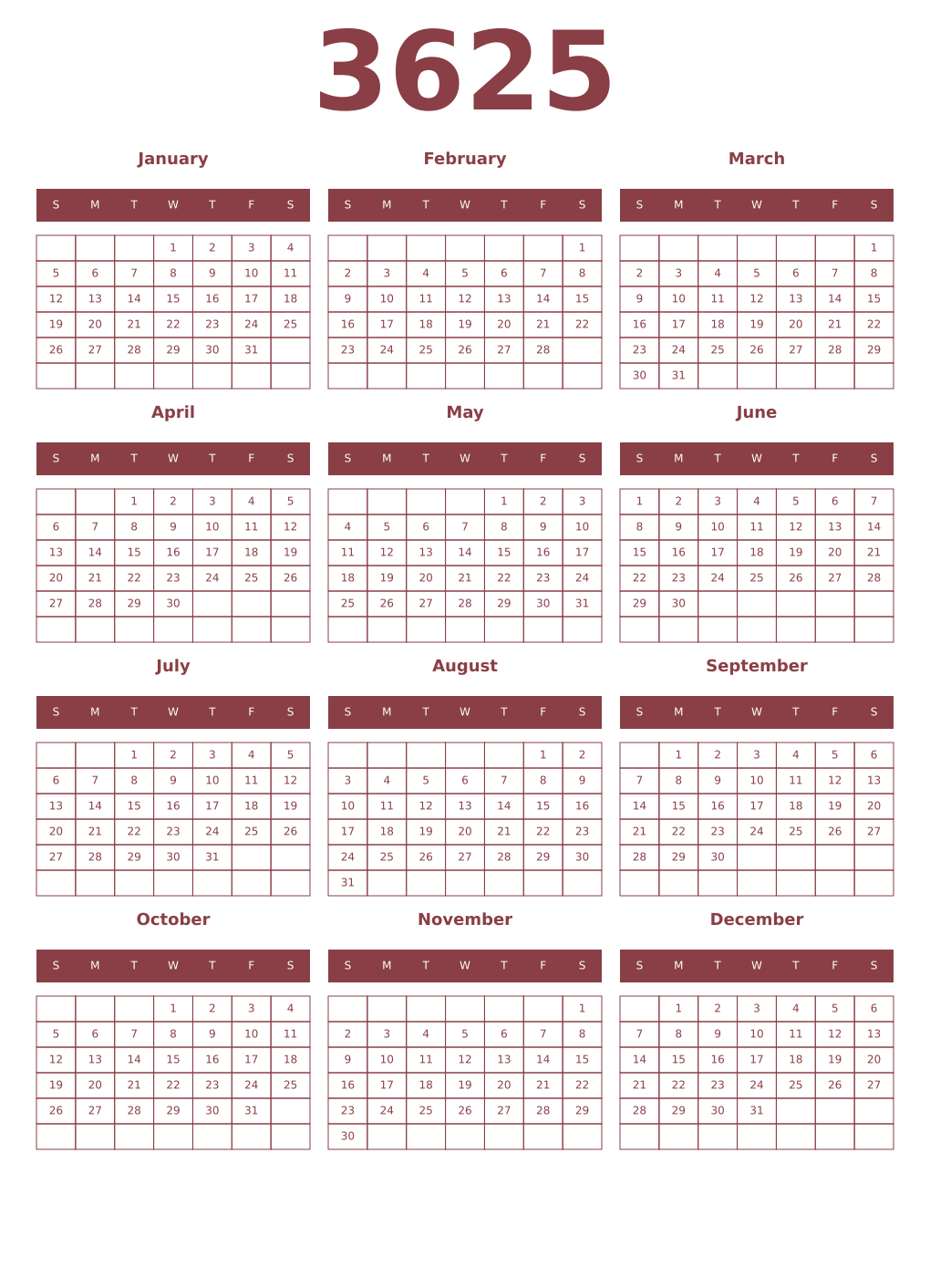 Printable 3625 Year Calendars cordovan