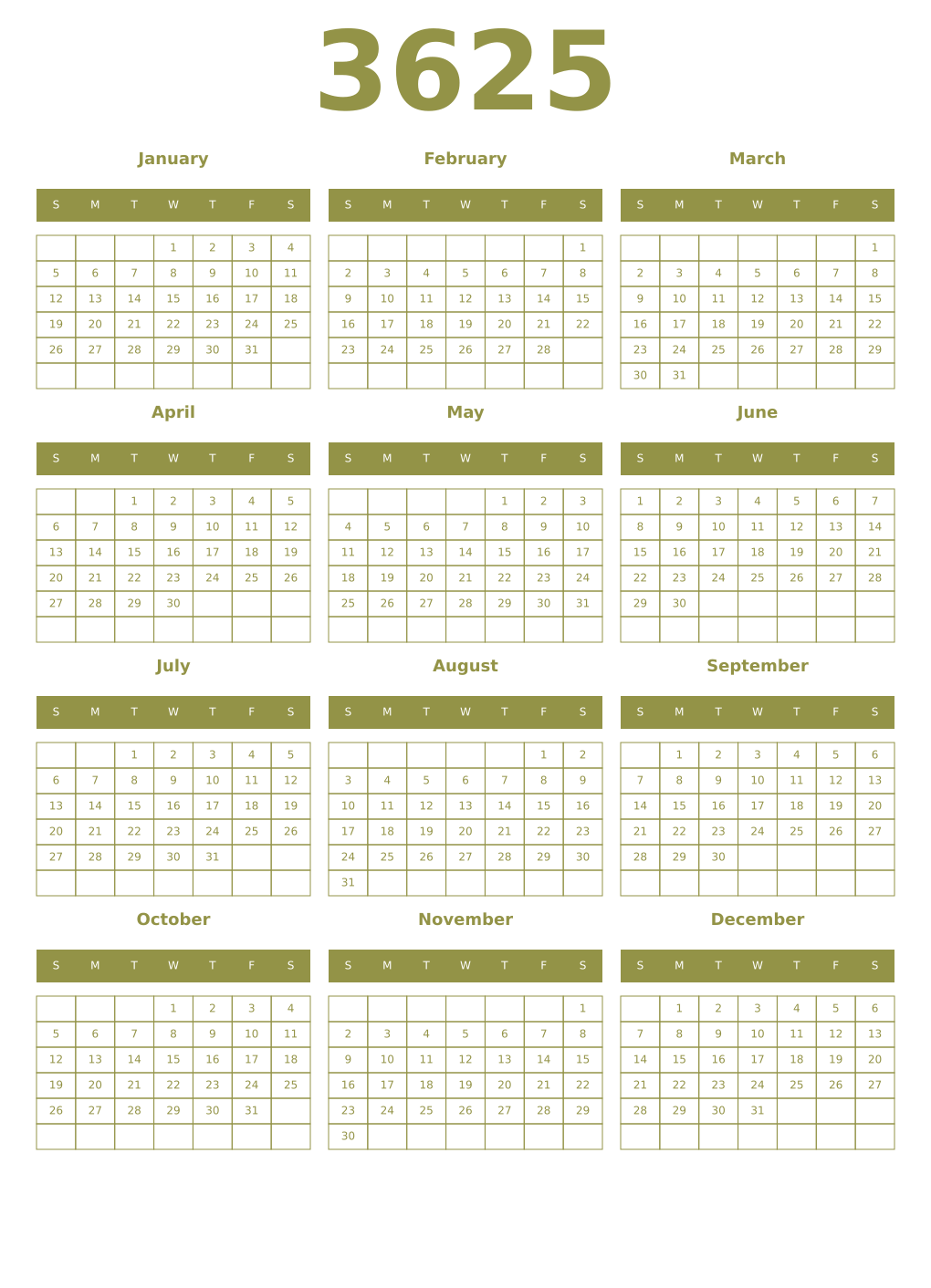 Printable 3625 Year Calendars eburnean
