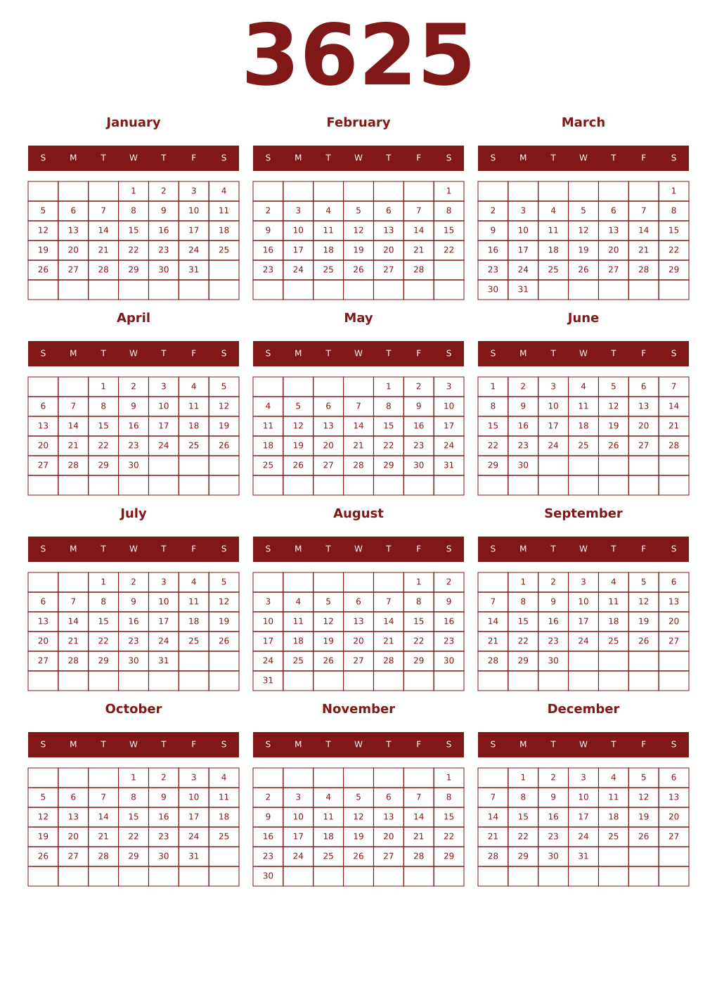 Printable 3625 Year Calendars falu