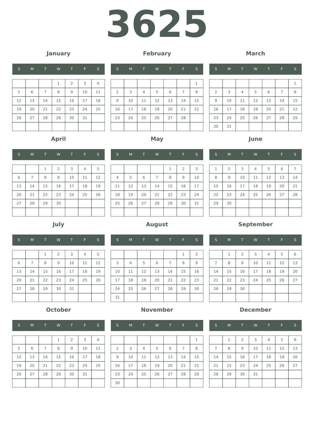 Printable 3625 Year Calendars feldgrau
