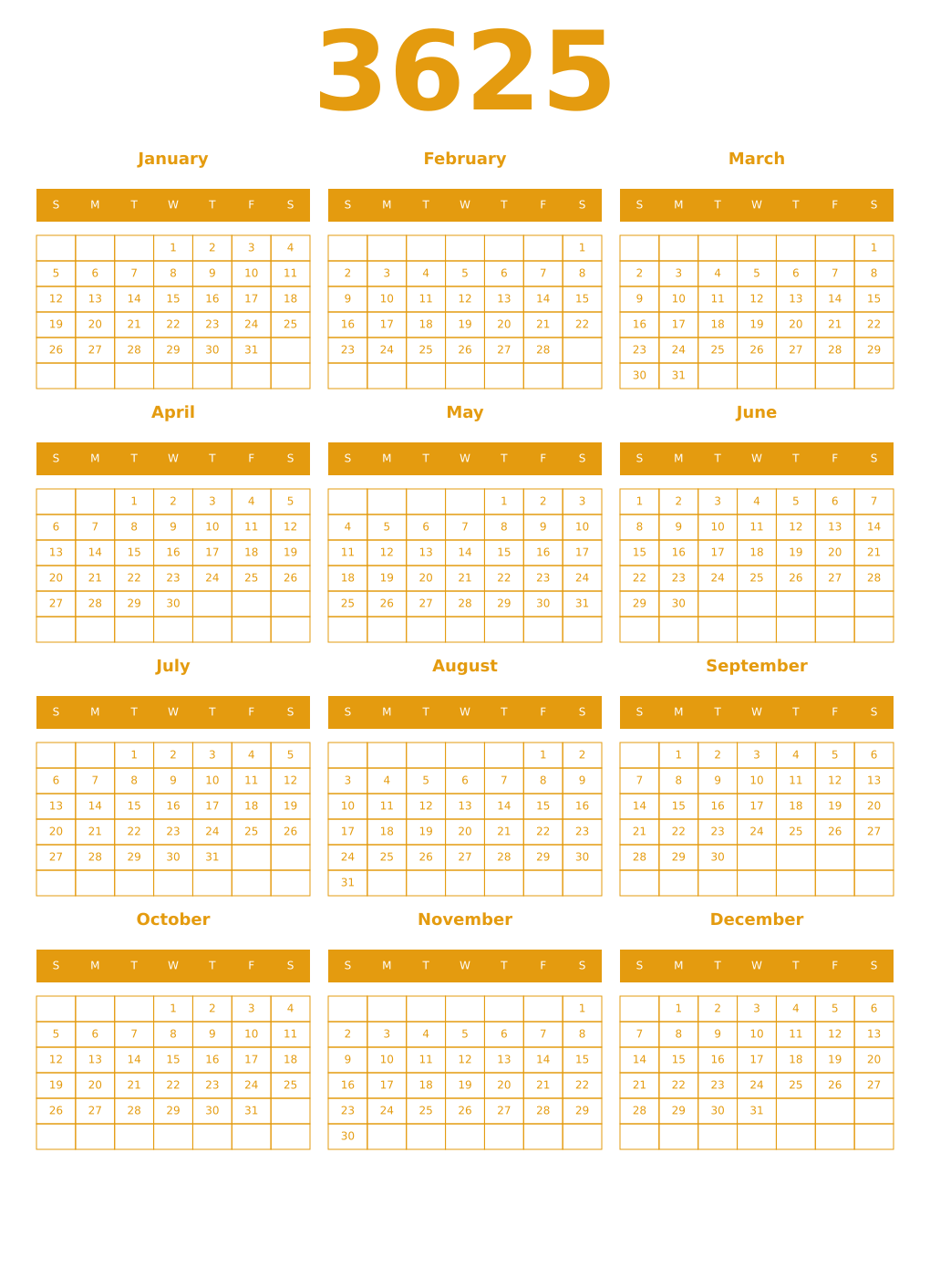 Printable 3625 Year Calendars gamboge
