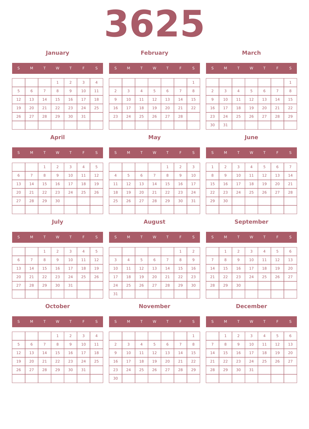 Printable 3625 Year Calendars puce