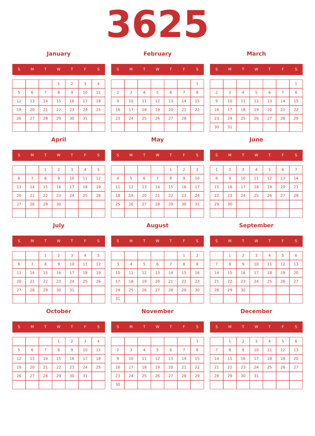 Printable 3625 Year Calendars red