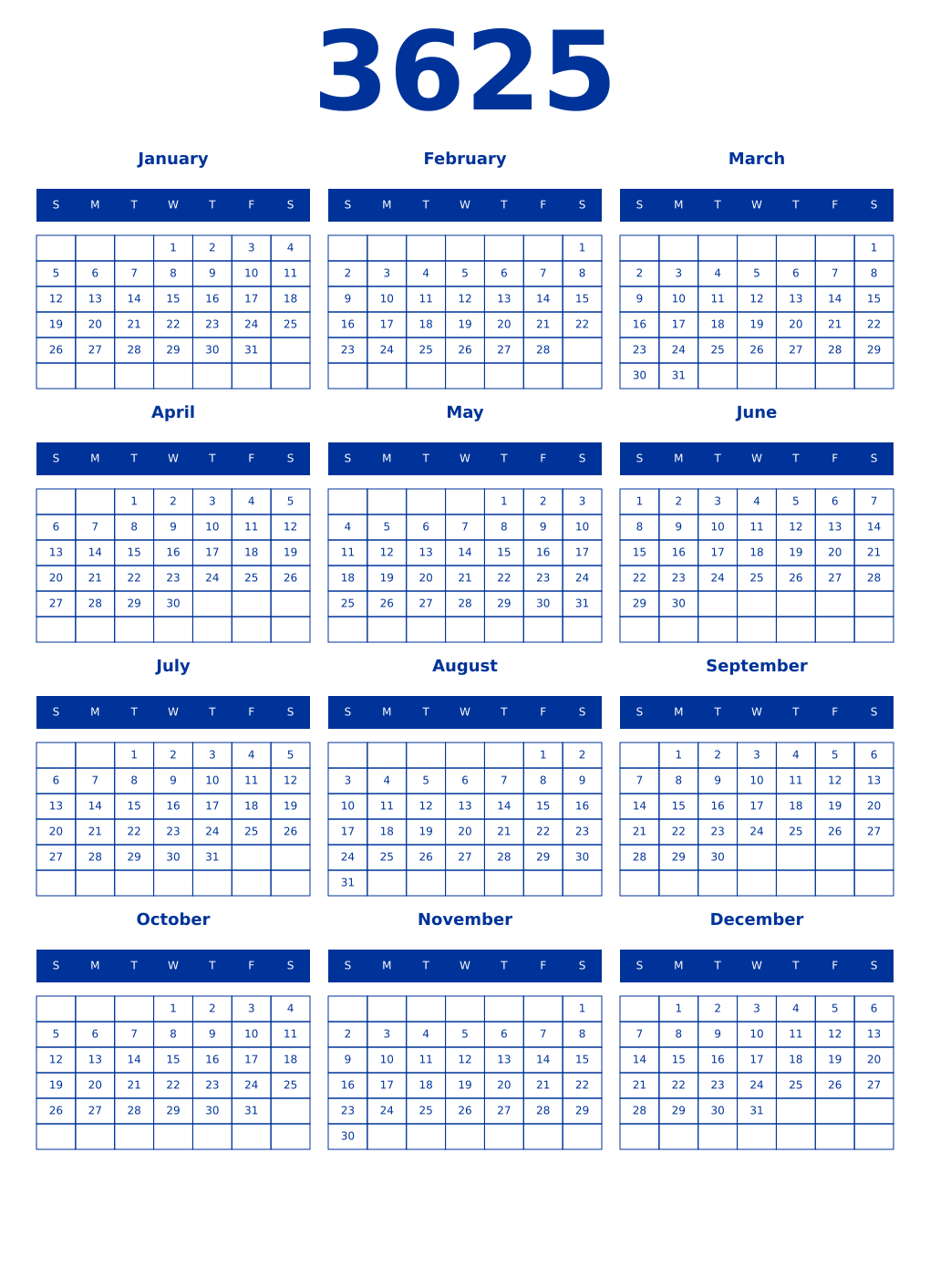 Printable 3625 Year Calendars smalt