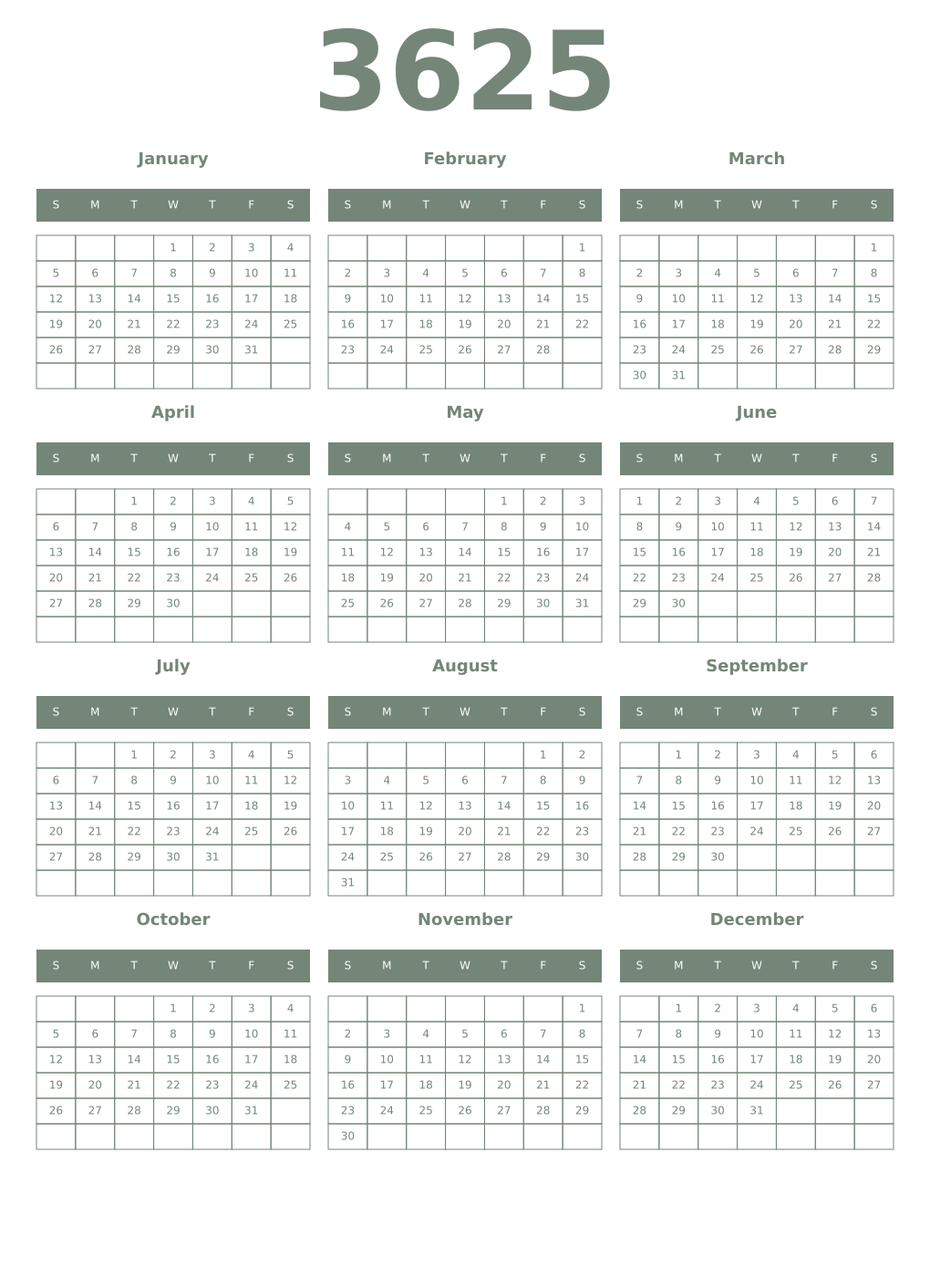 Printable 3625 Year Calendars xanadu