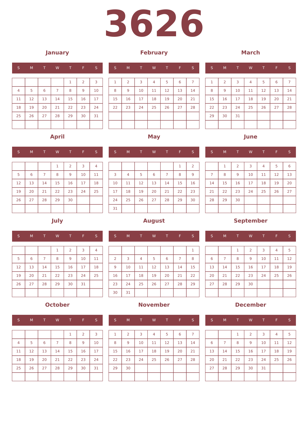 Printable 3626 Year Calendars cordovan