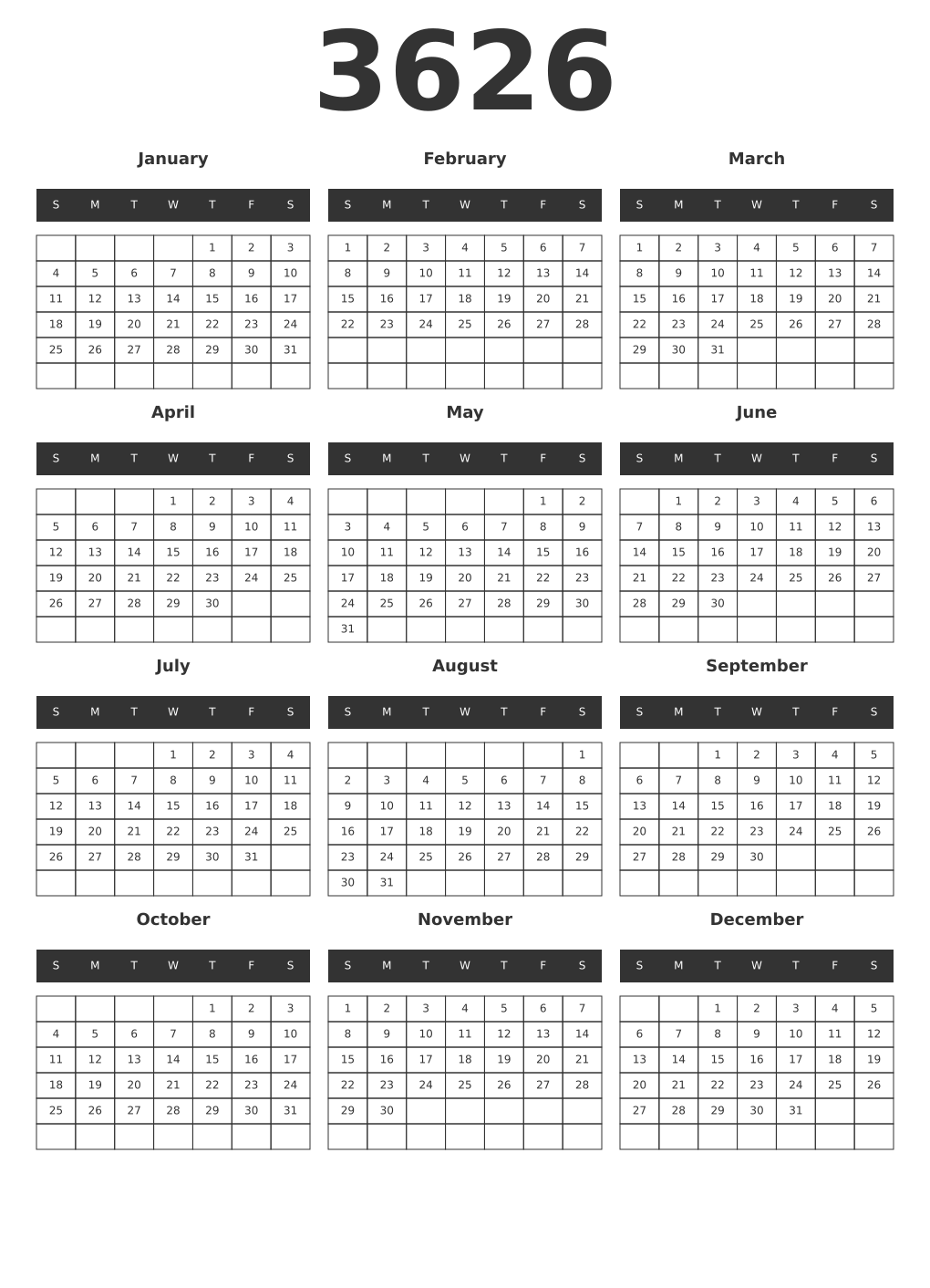 Printable 3626 Year Calendars dark