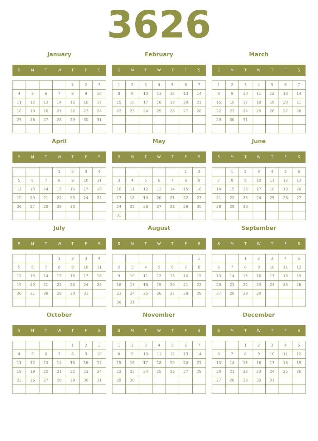 Printable 3626 Year Calendars eburnean