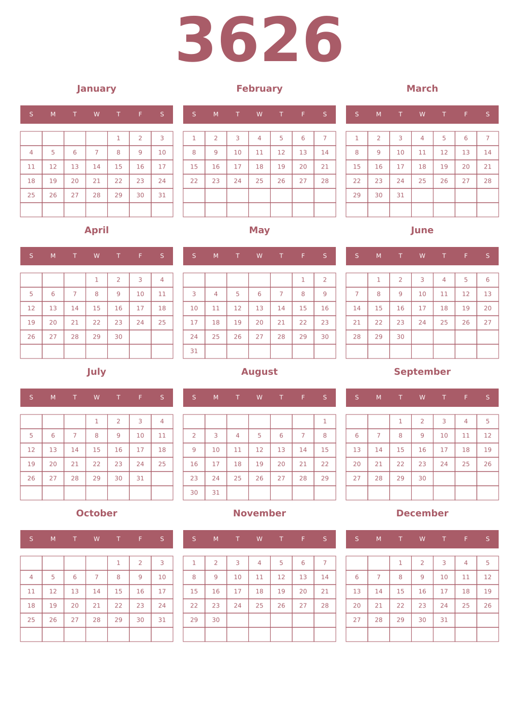Printable 3626 Year Calendars puce