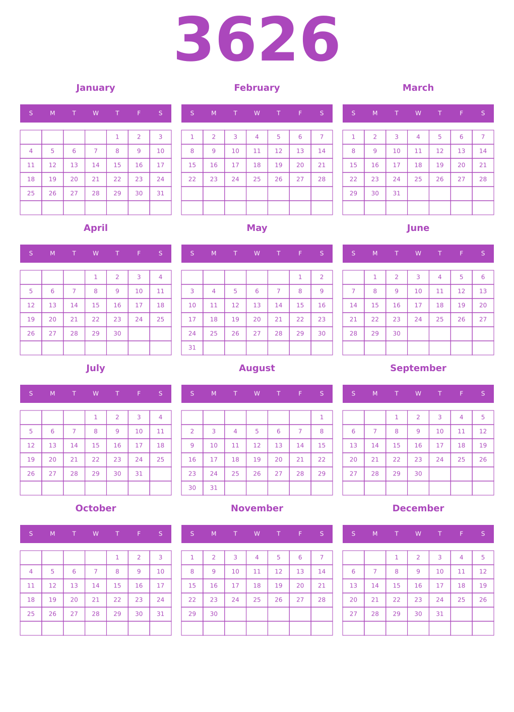 Printable 3626 Year Calendars purple