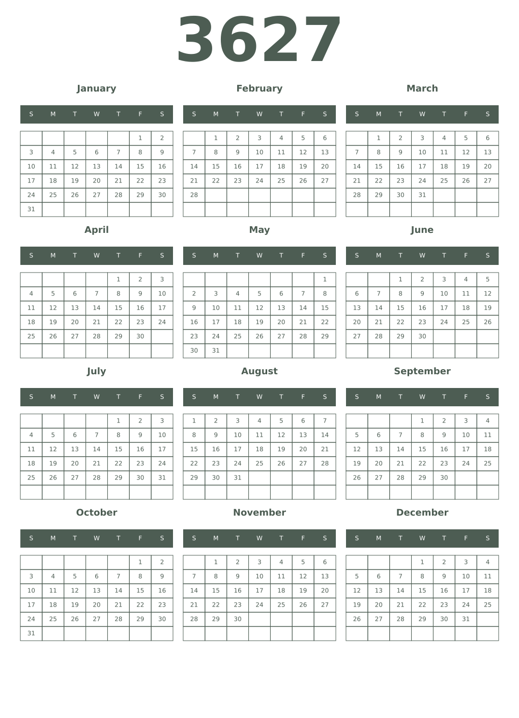 Printable 3627 Year Calendars feldgrau