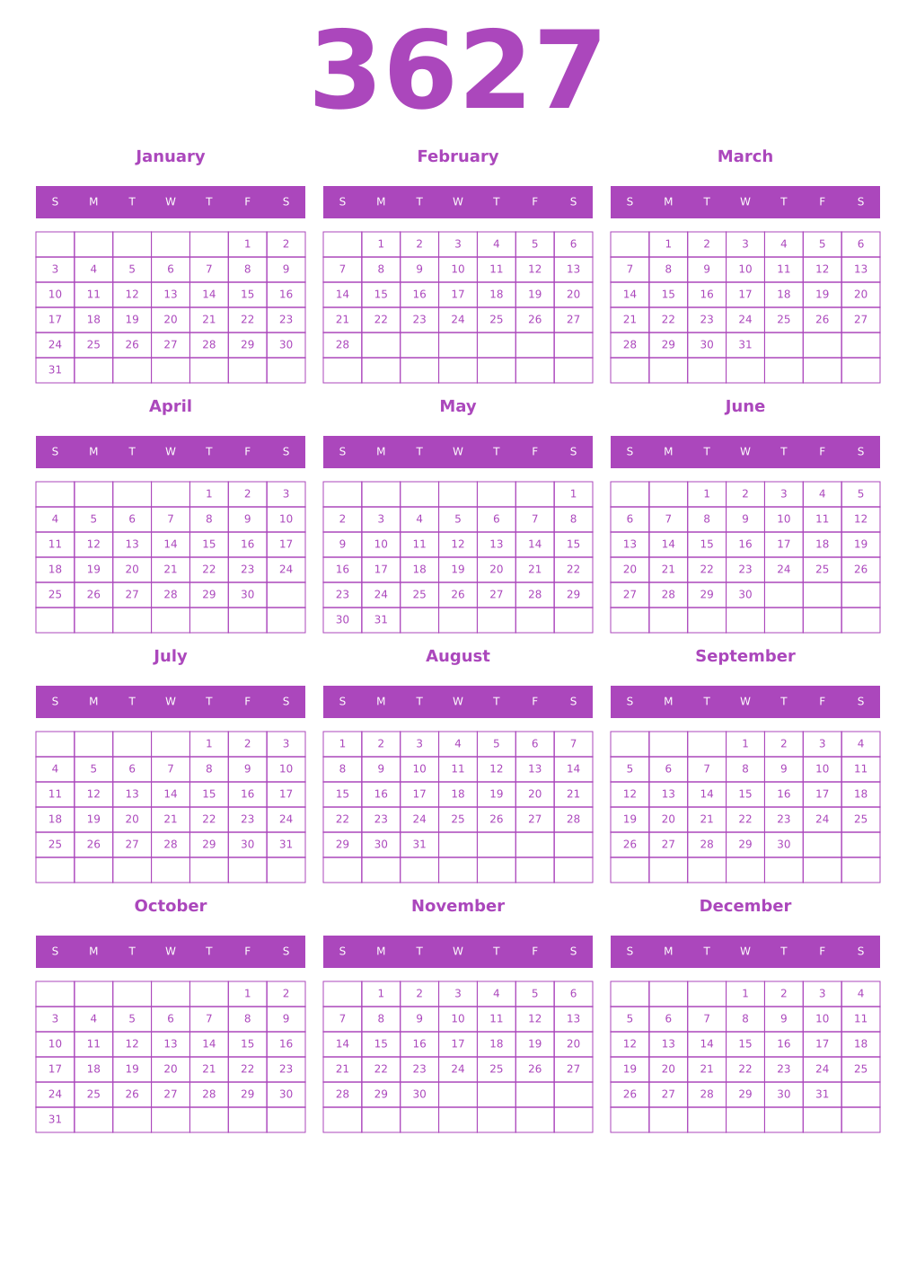 Printable 3627 Year Calendars purple