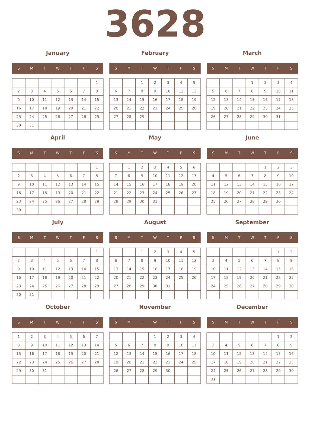 Printable 3628 Year Calendars coffe
