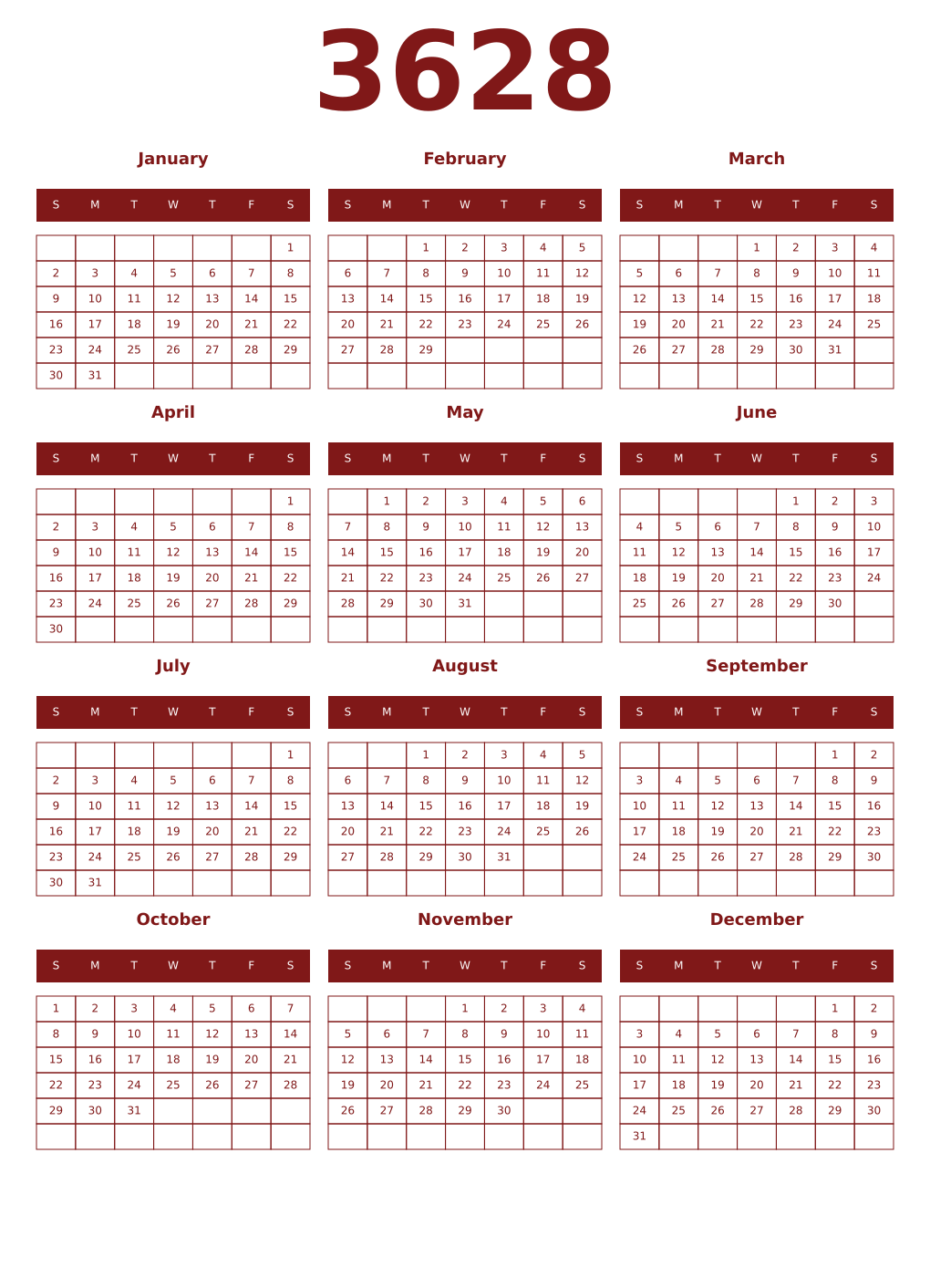 Printable 3628 Year Calendars falu