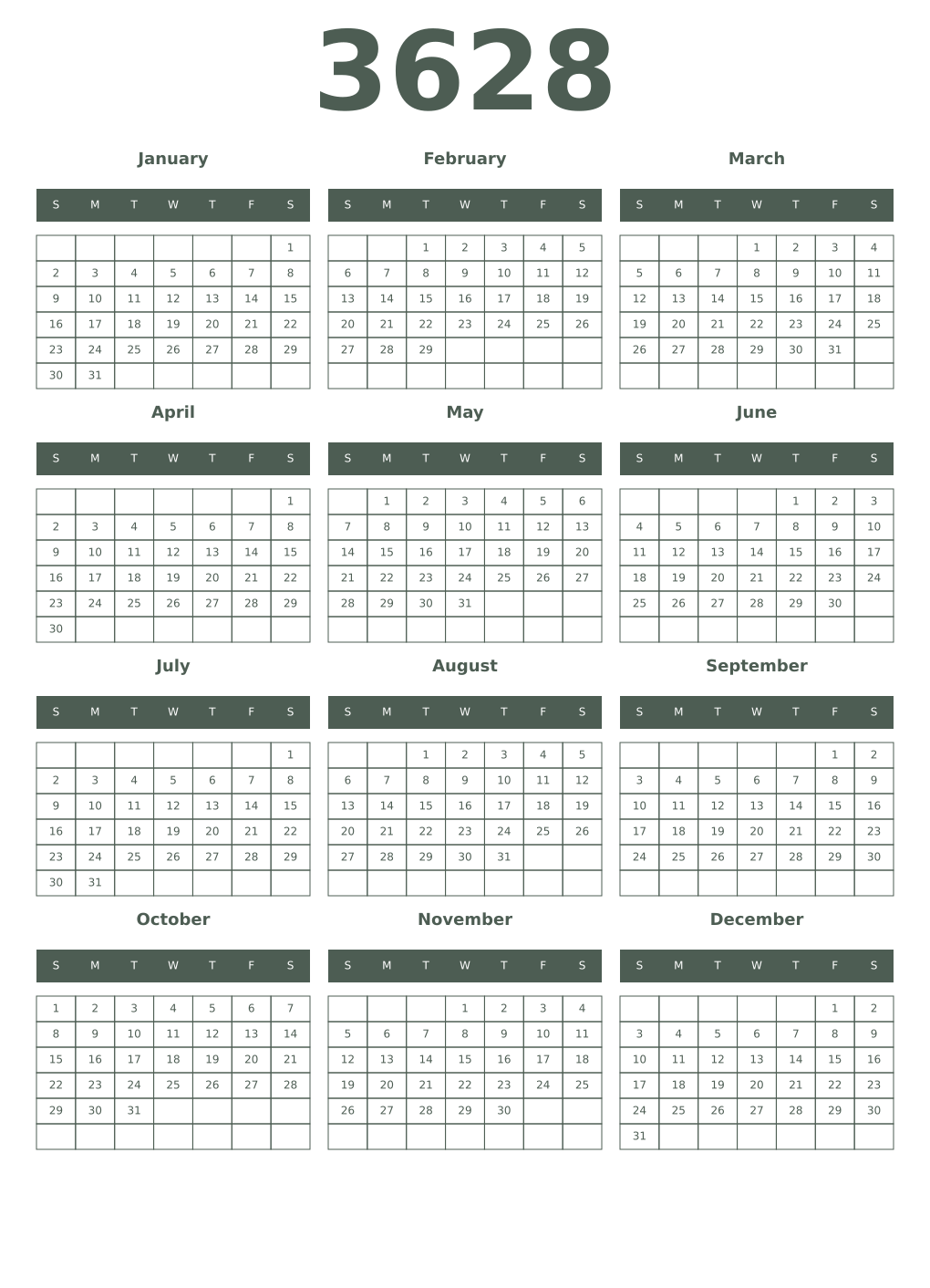 Printable 3628 Year Calendars feldgrau