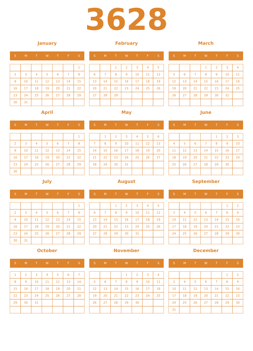 Printable 3628 Year Calendars orange