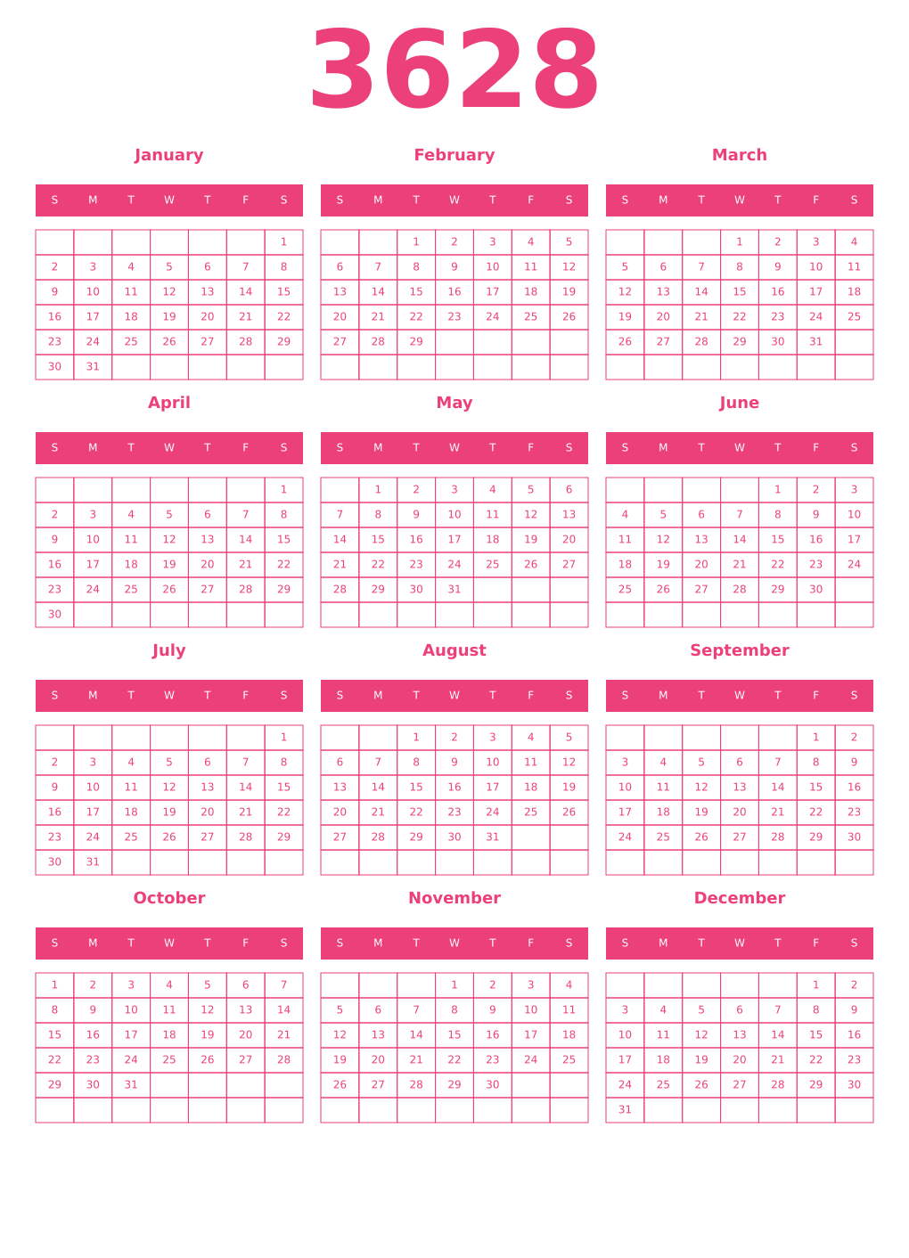 Printable 3628 Year Calendars pink
