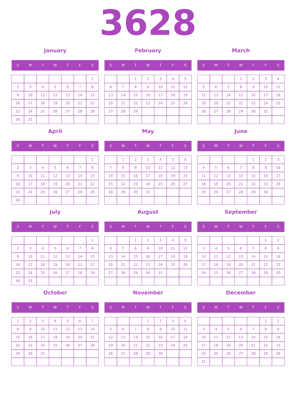 Printable 3628 Year Calendars purple