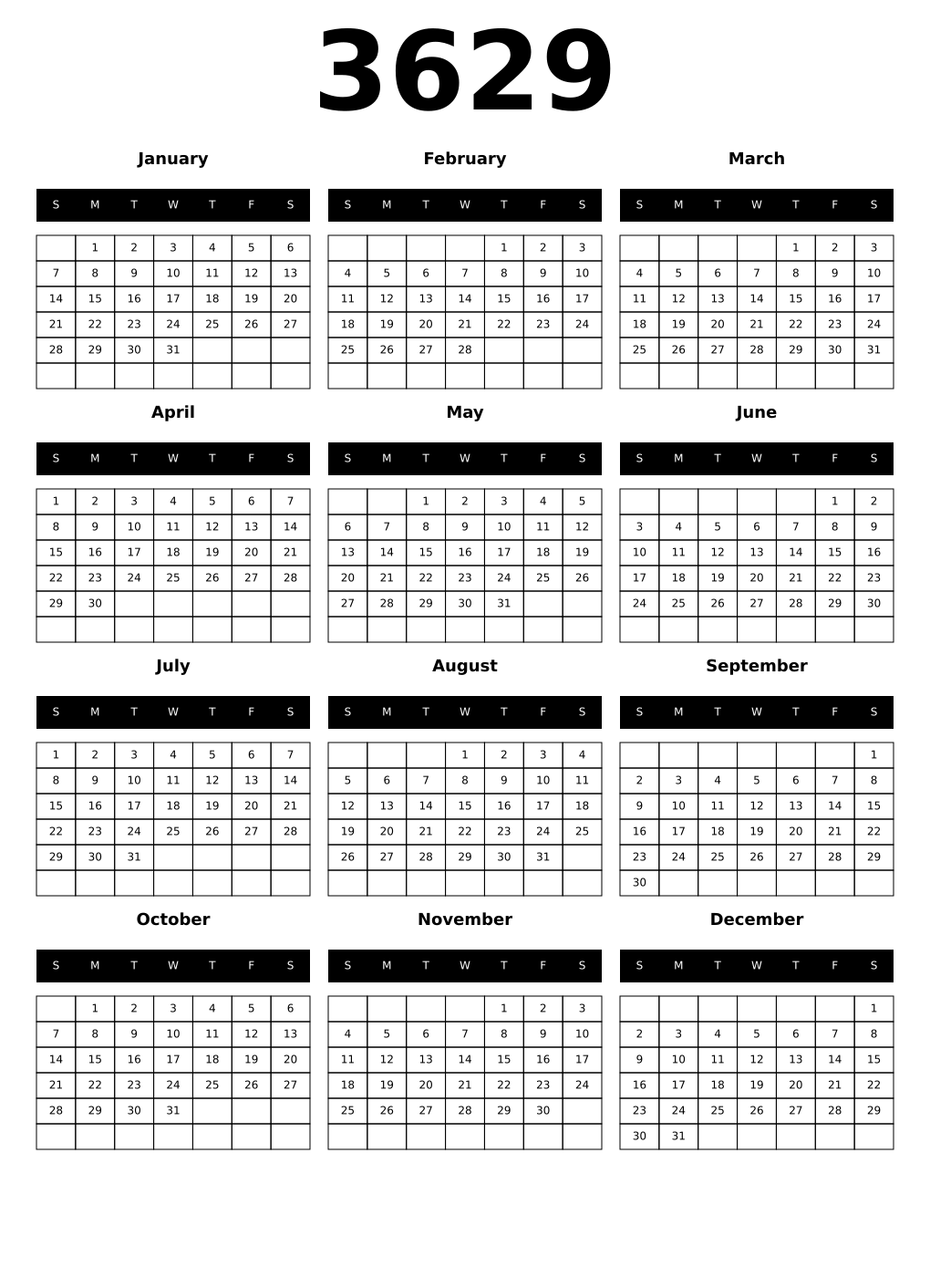Printable 3629 Calendars
