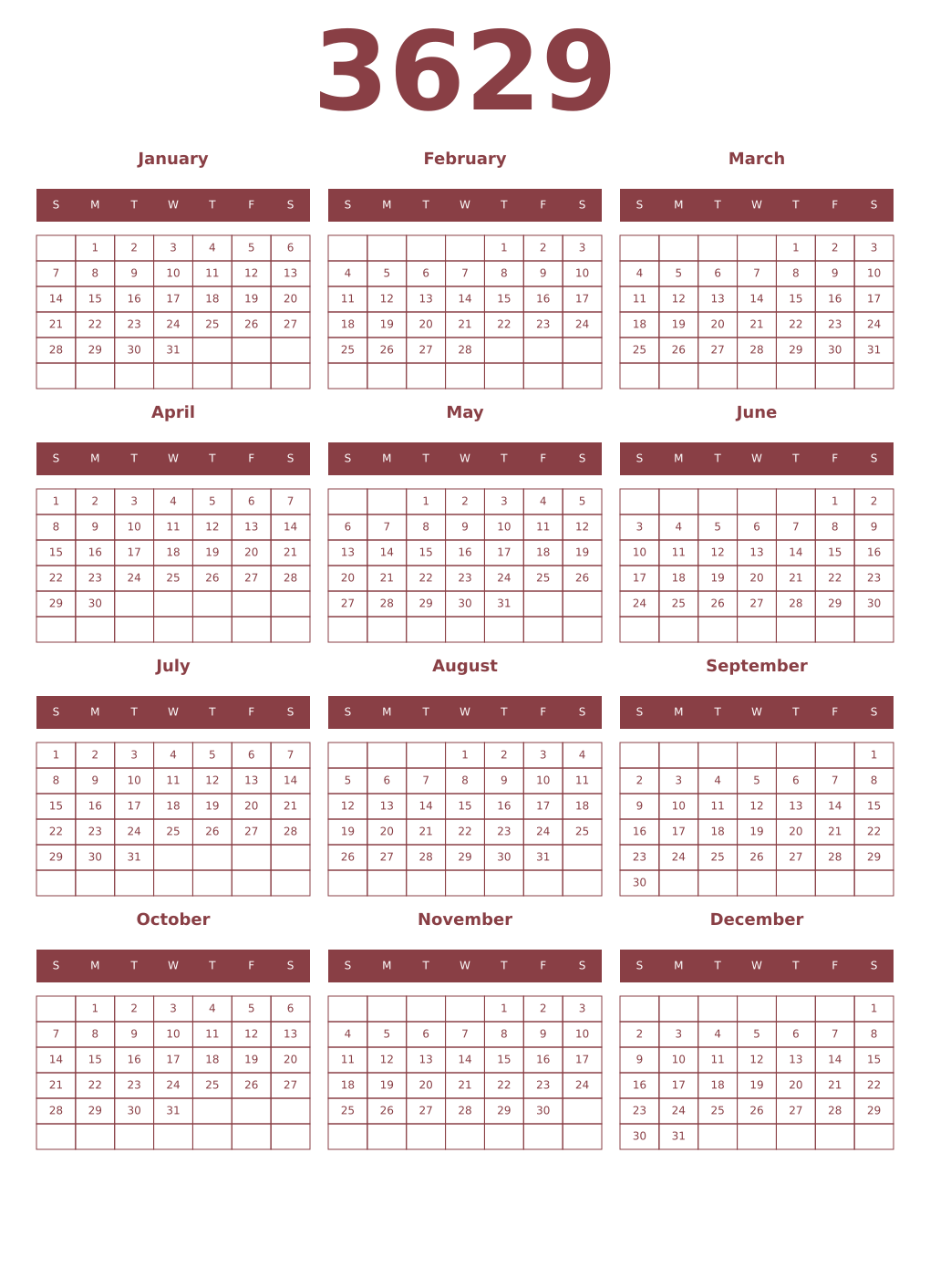 Printable 3629 Year Calendars cordovan