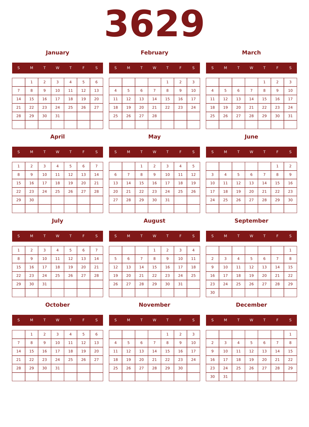 Printable 3629 Year Calendars falu