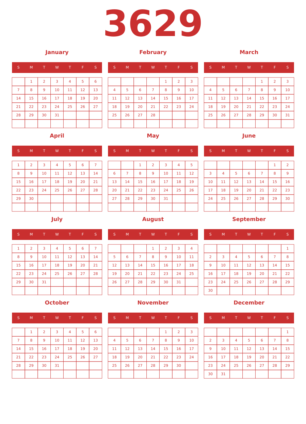 Printable 3629 Year Calendars red