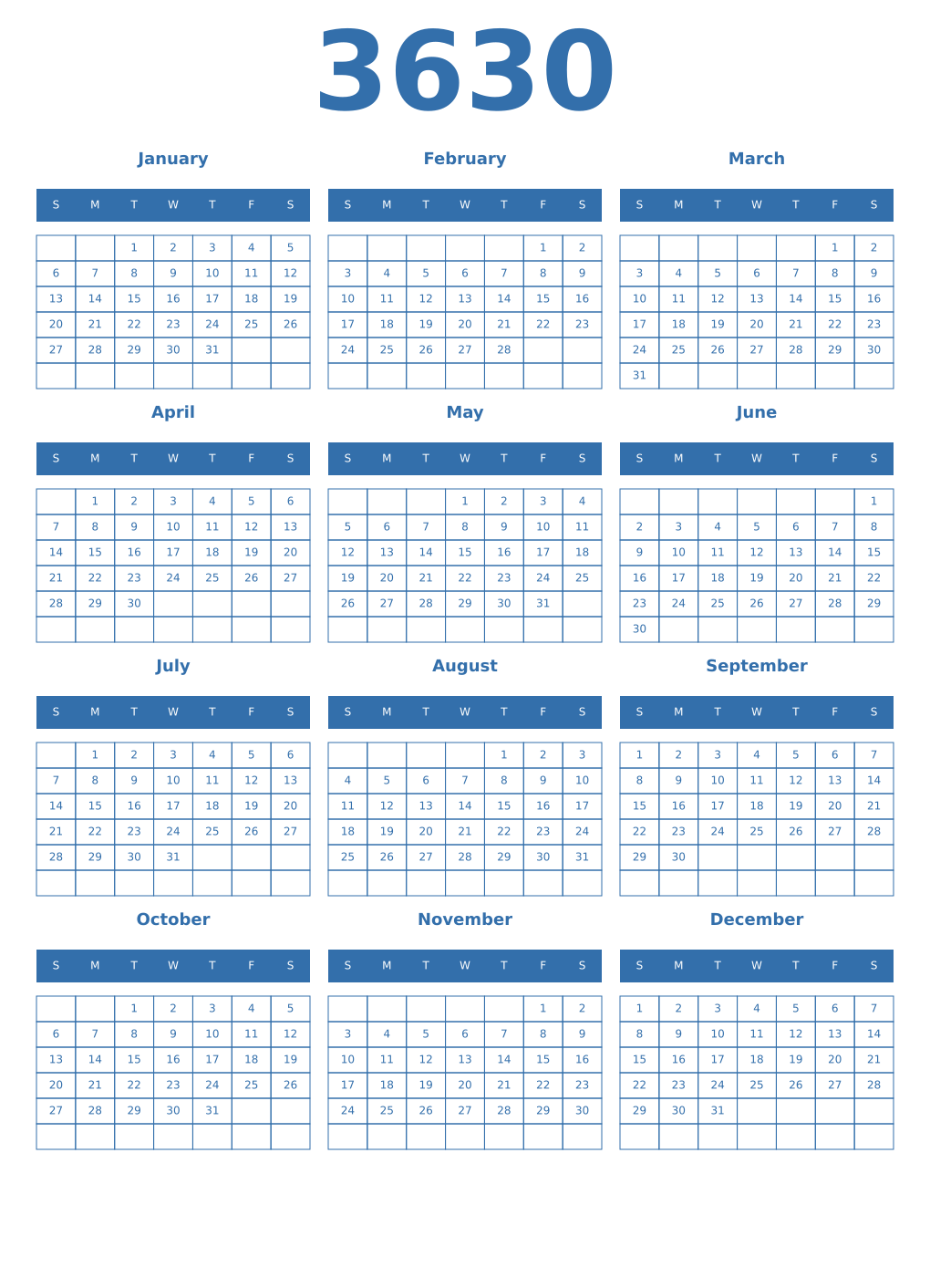 Printable 3630 Year Calendars blue