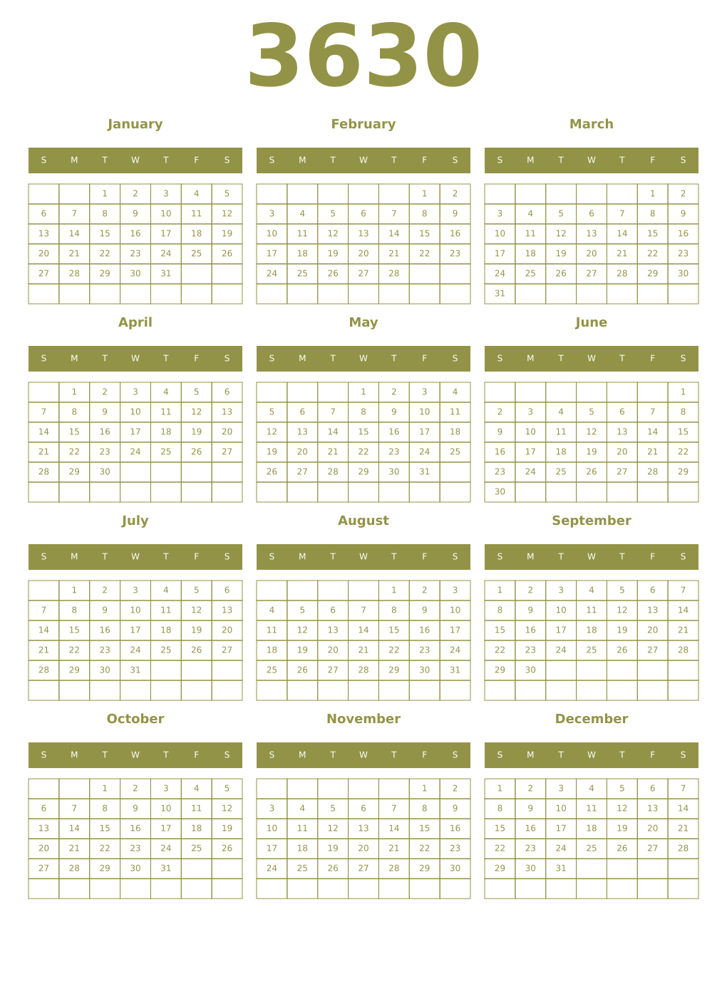 Printable 3630 Year Calendars eburnean