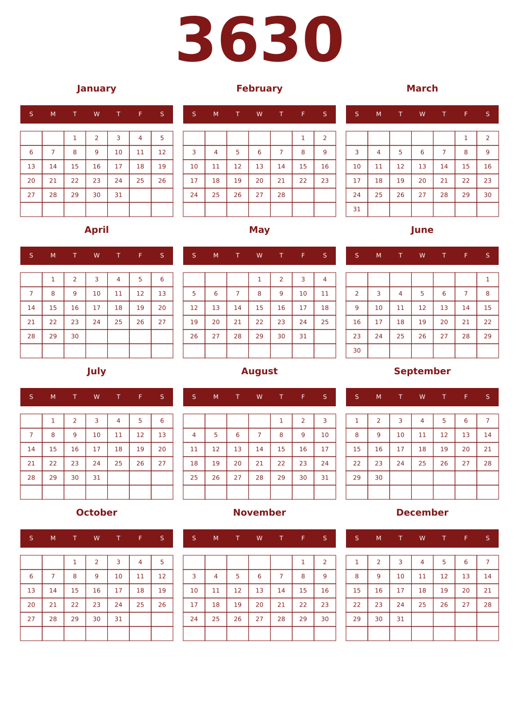 Printable 3630 Year Calendars falu