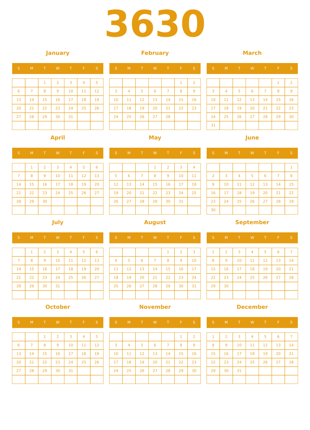 Printable 3630 Year Calendars gamboge