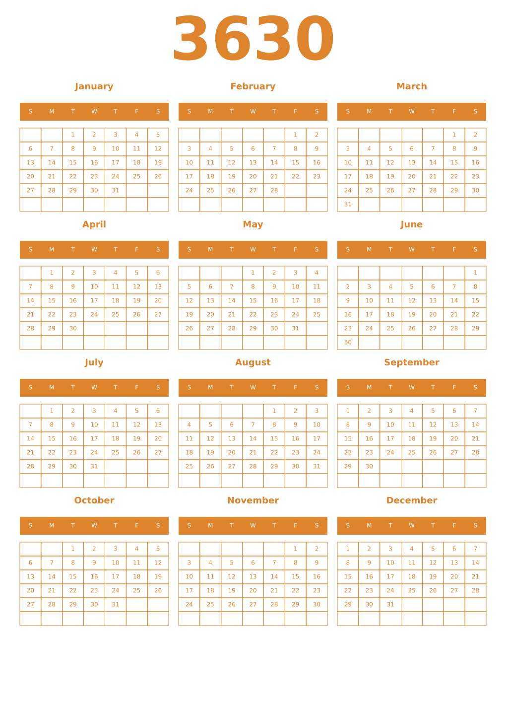 Printable 3630 Year Calendars orange