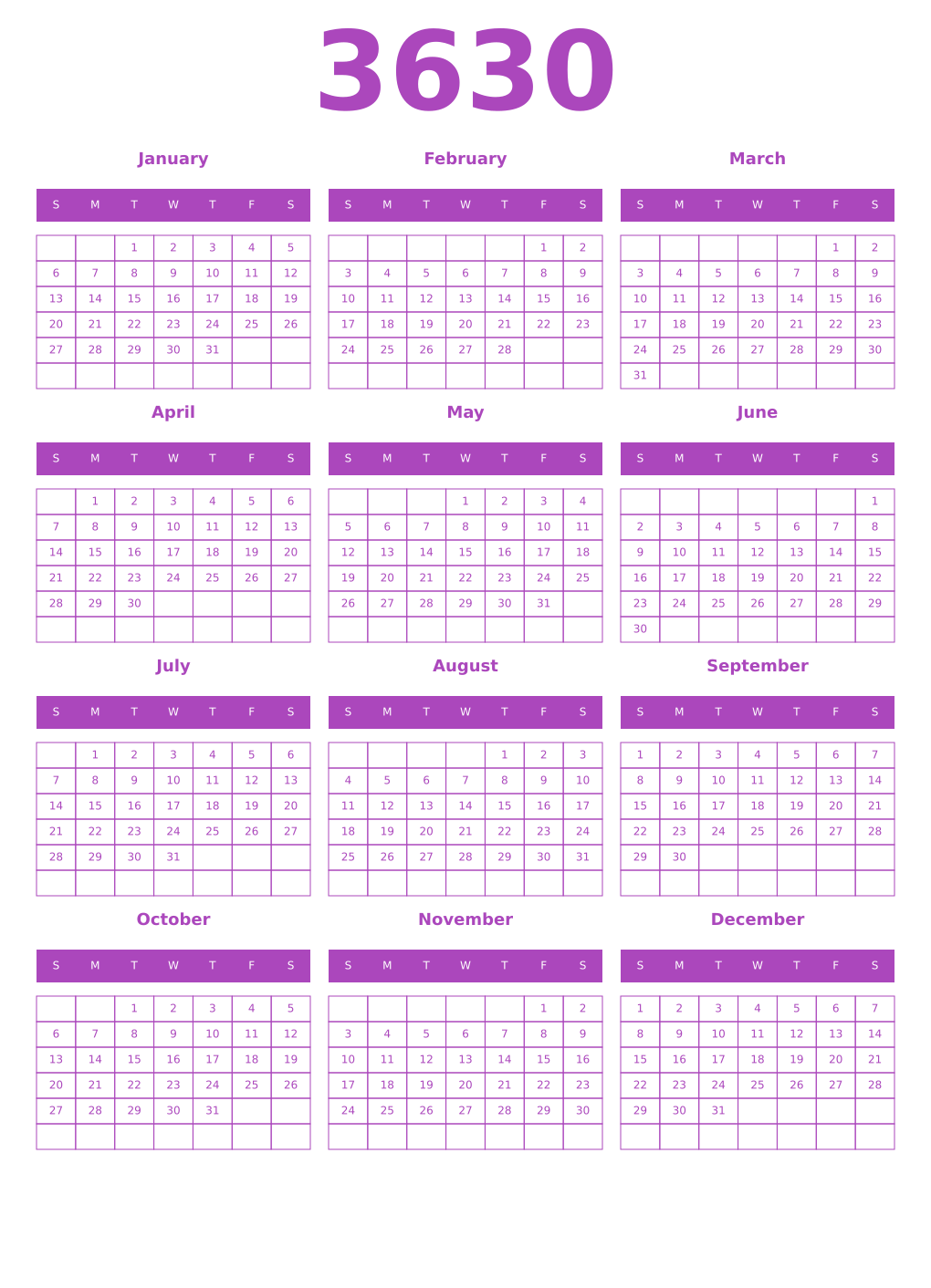 Printable 3630 Year Calendars purple