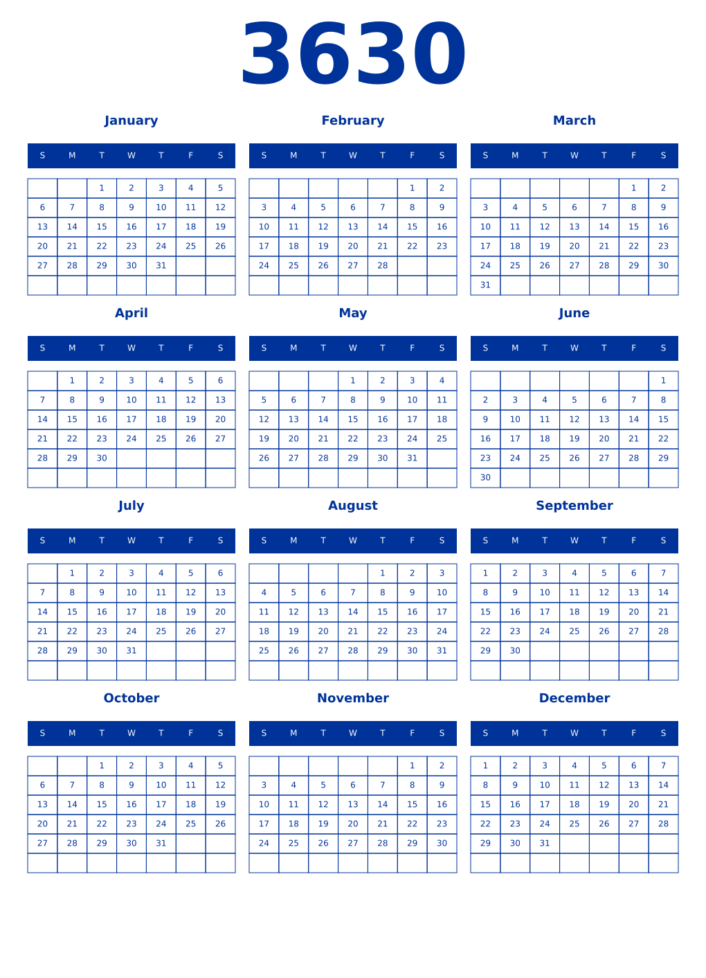 Printable 3630 Year Calendars smalt