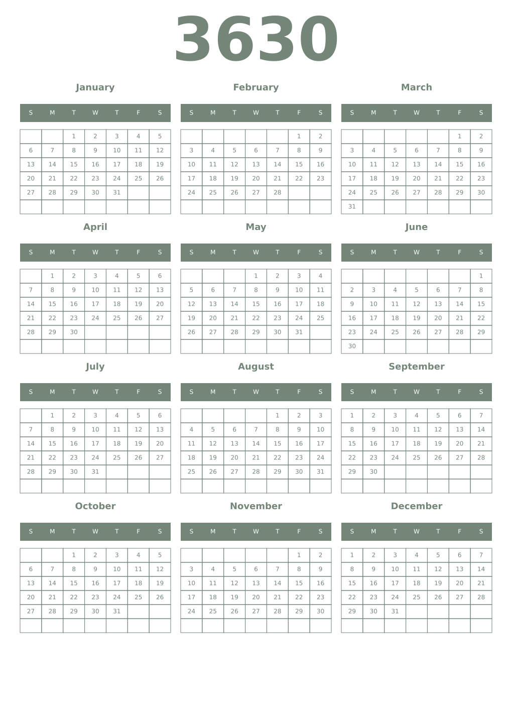 Printable 3630 Year Calendars xanadu