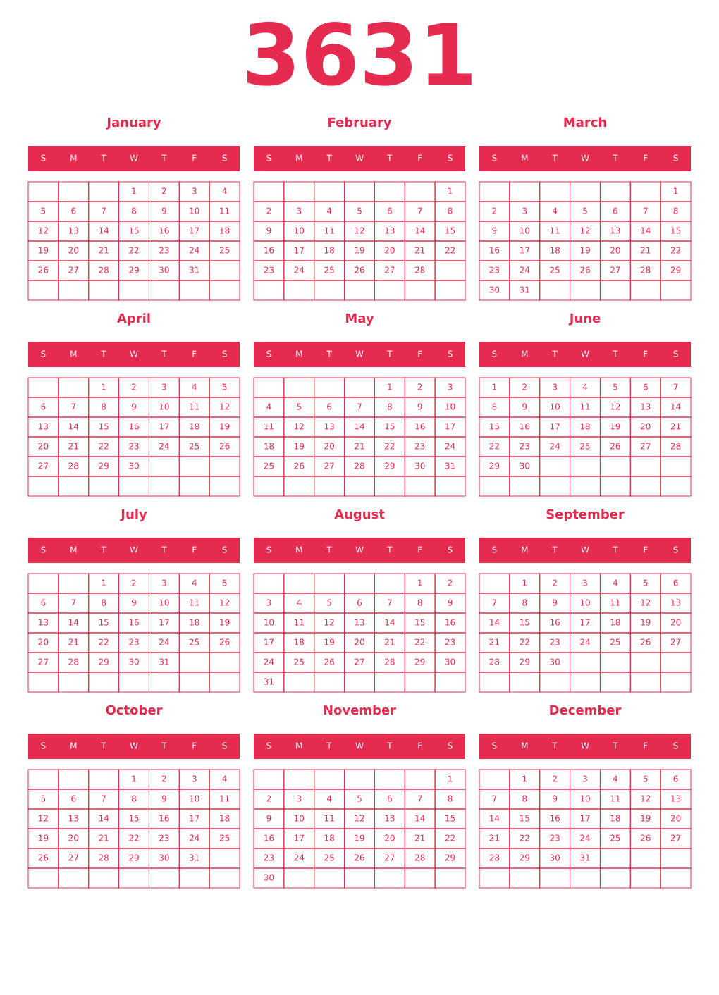 Printable 3631 Year Calendars amaranth