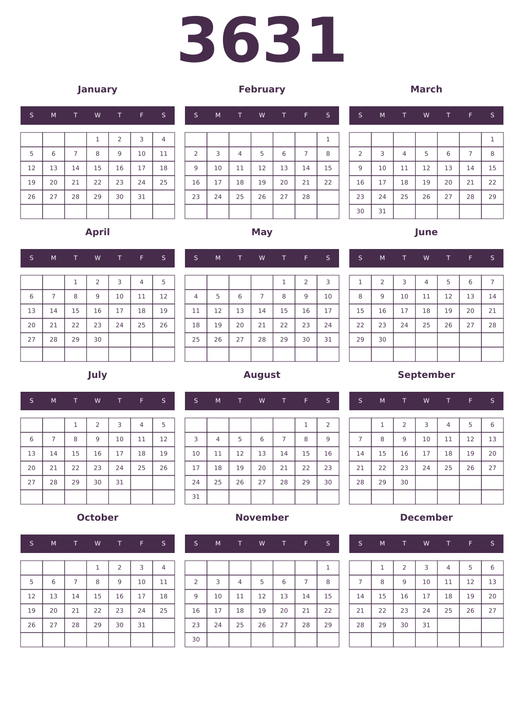 Printable 3631 Year Calendars aubergine