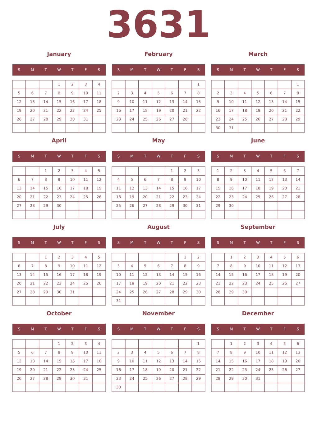 Printable 3631 Year Calendars cordovan