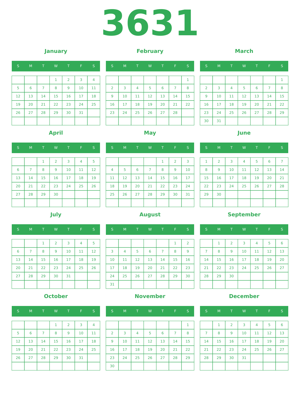 Printable 3631 Year Calendars green